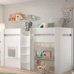 Halbhochbett Reno mit Spielhaus und Vorhängen - 206x128x120 cm - Weiß