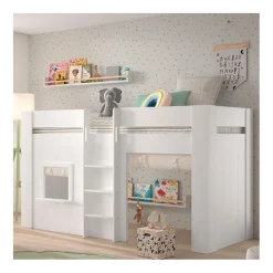 Halbhochbett Reno mit Spielhaus und Vorhängen - 206x128x120 cm - Weiß