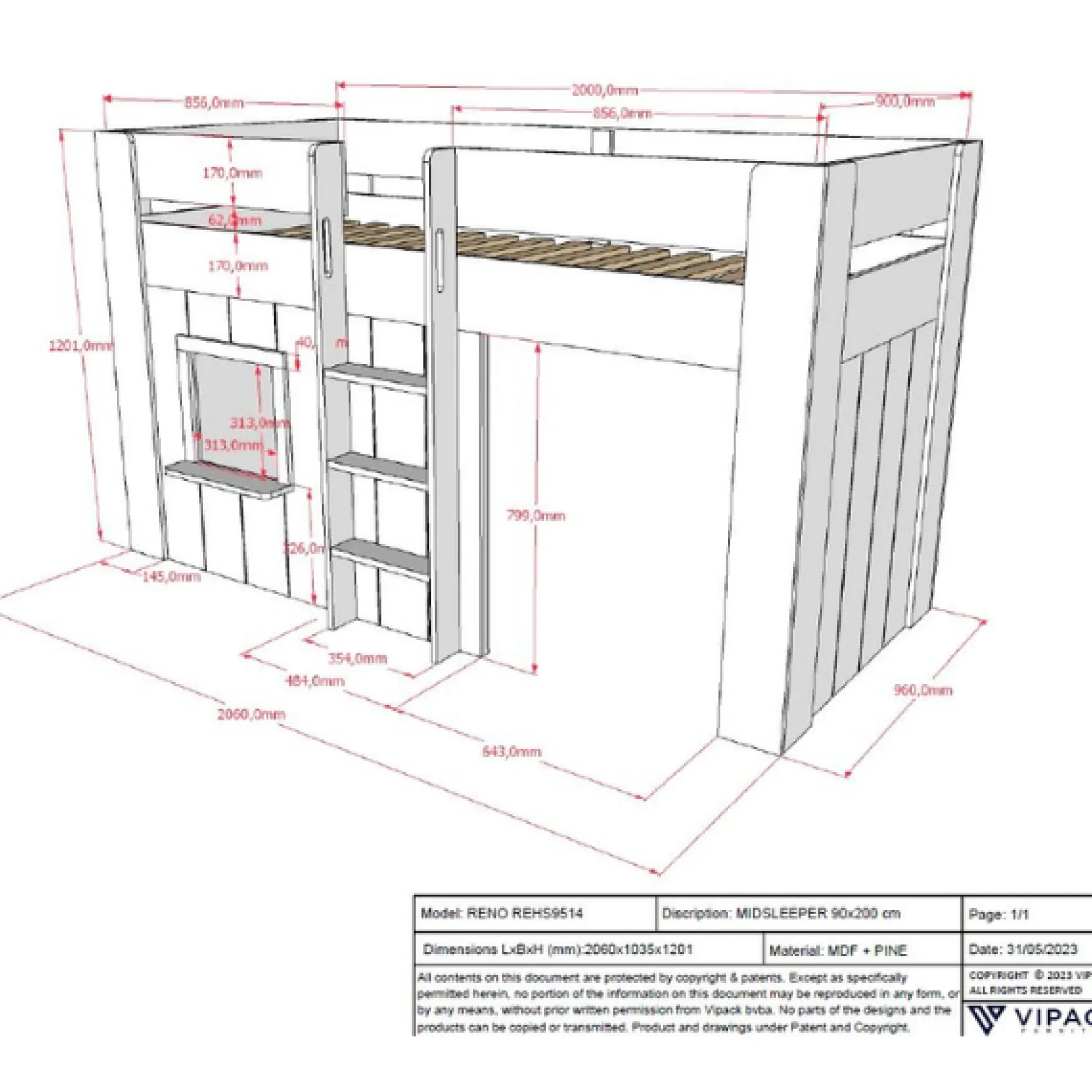 Halbhochbett Reno mit Spielhaus - 206x104x120 cm - Weiß