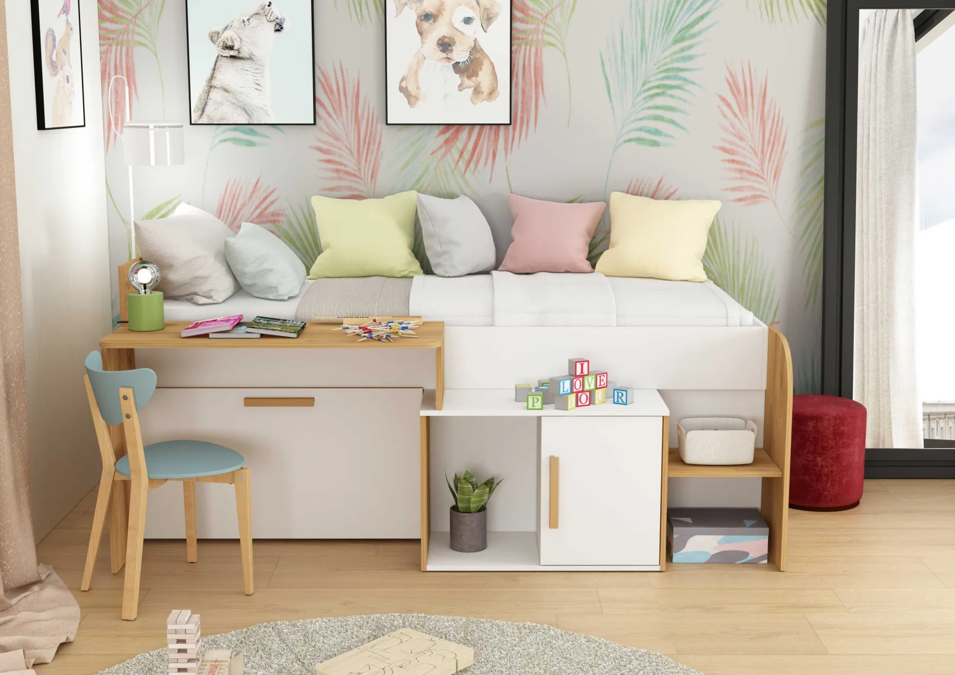 Halbhochbett Sacha mit Schreibtisch - 206x135x90 cm - Weiß/Eiche