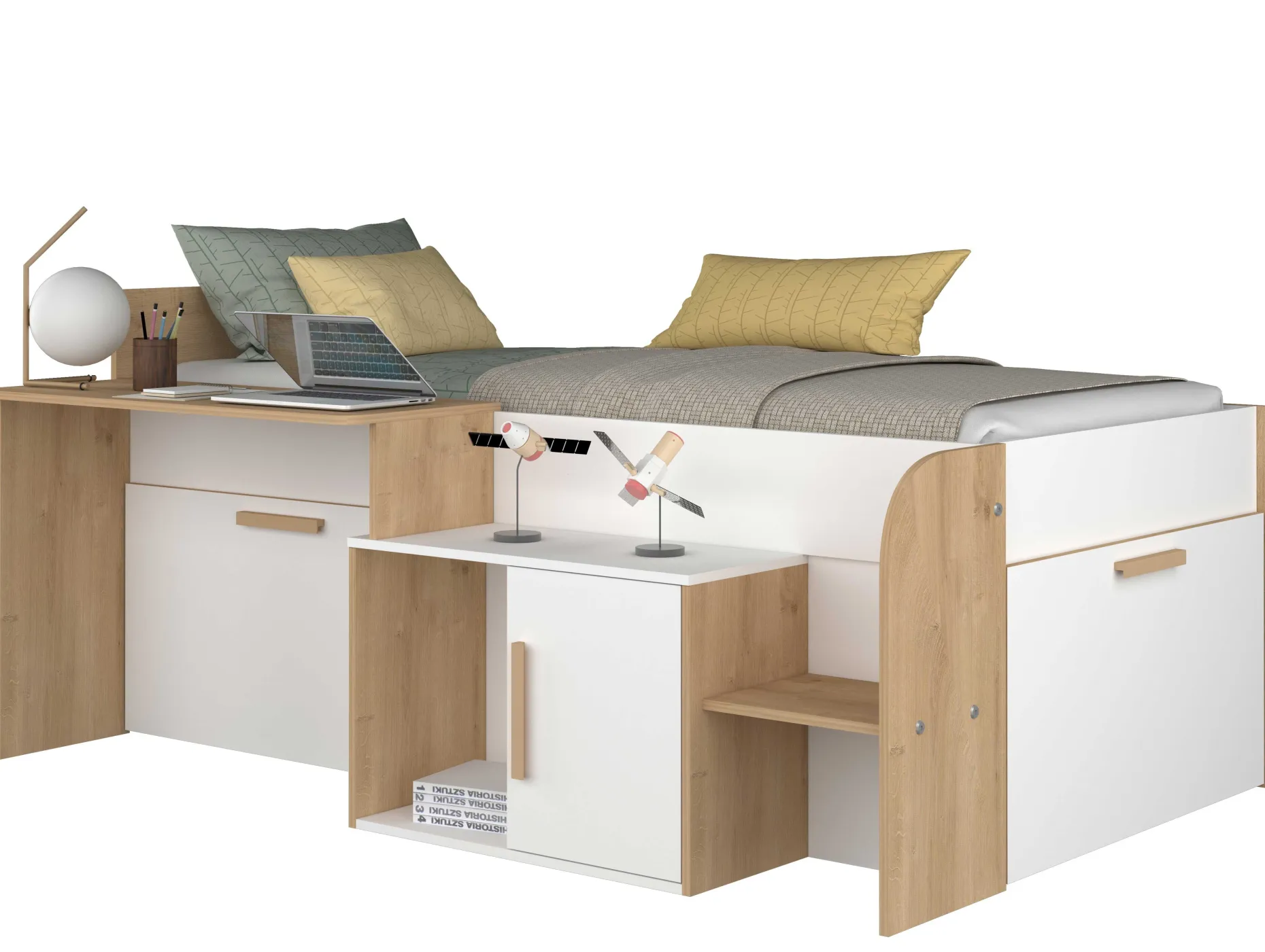 Halbhochbett Sacha mit Schreibtisch - 206x135x90 cm - Weiß/Eiche