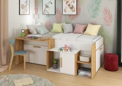 Halbhochbett Sacha mit Schreibtisch - 206x135x90 cm - Weiß/Eiche