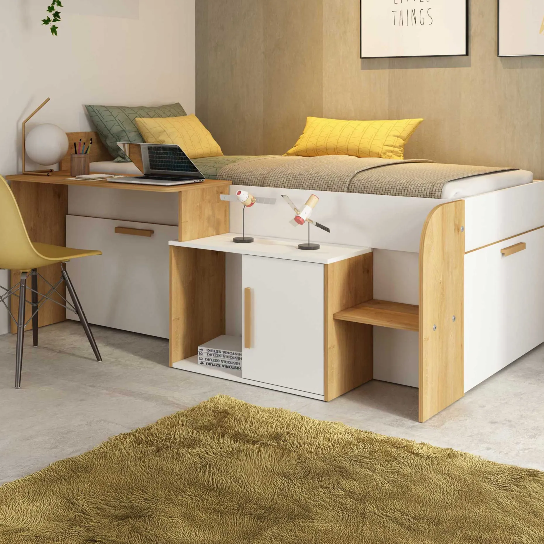 Halbhochbett Sacha mit Schreibtisch - 206x135x90 cm - Weiß/Eiche