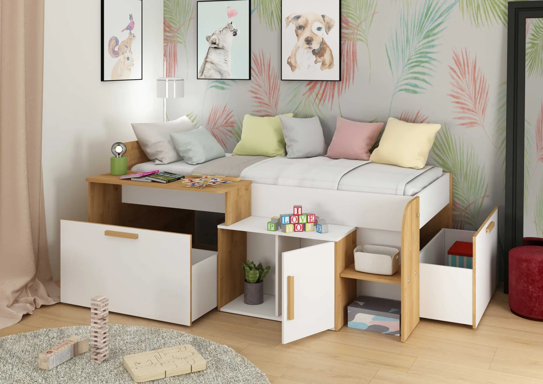 Halbhochbett Sacha mit Schreibtisch - 206x135x90 cm - Weiß/Eiche