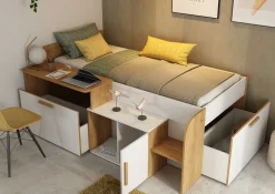 Halbhochbett Sacha mit Schreibtisch - 206x135x90 cm - Weiß/Eiche