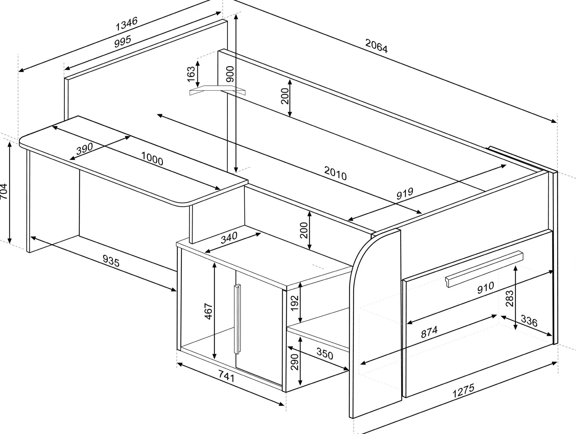 Halbhochbett Sacha mit Schreibtisch - 206x135x90 cm - Weiß/Eiche