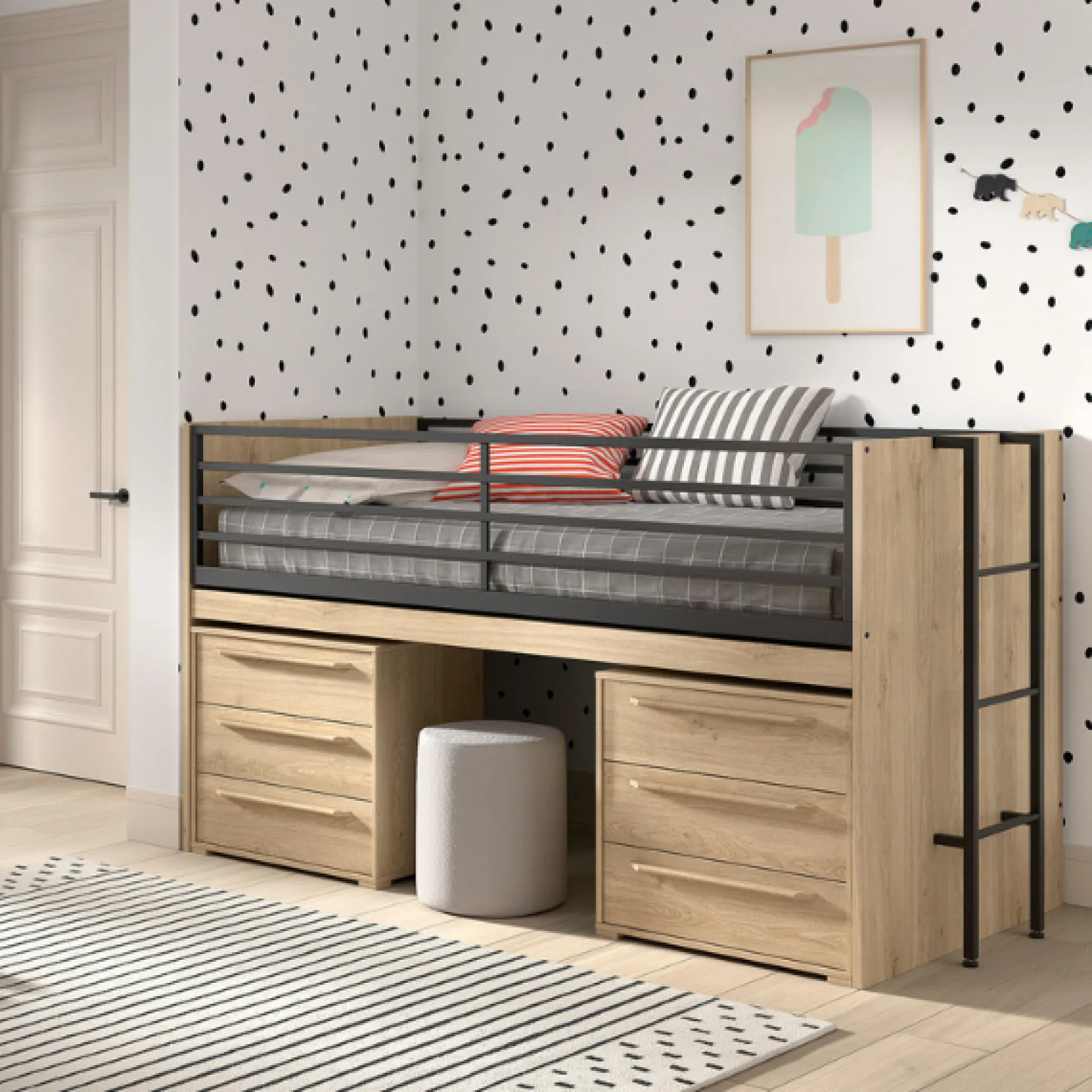 Halbhochbett Sammie 90x200cm - mit Schreibtisch und Kommode - Eiche Dekor