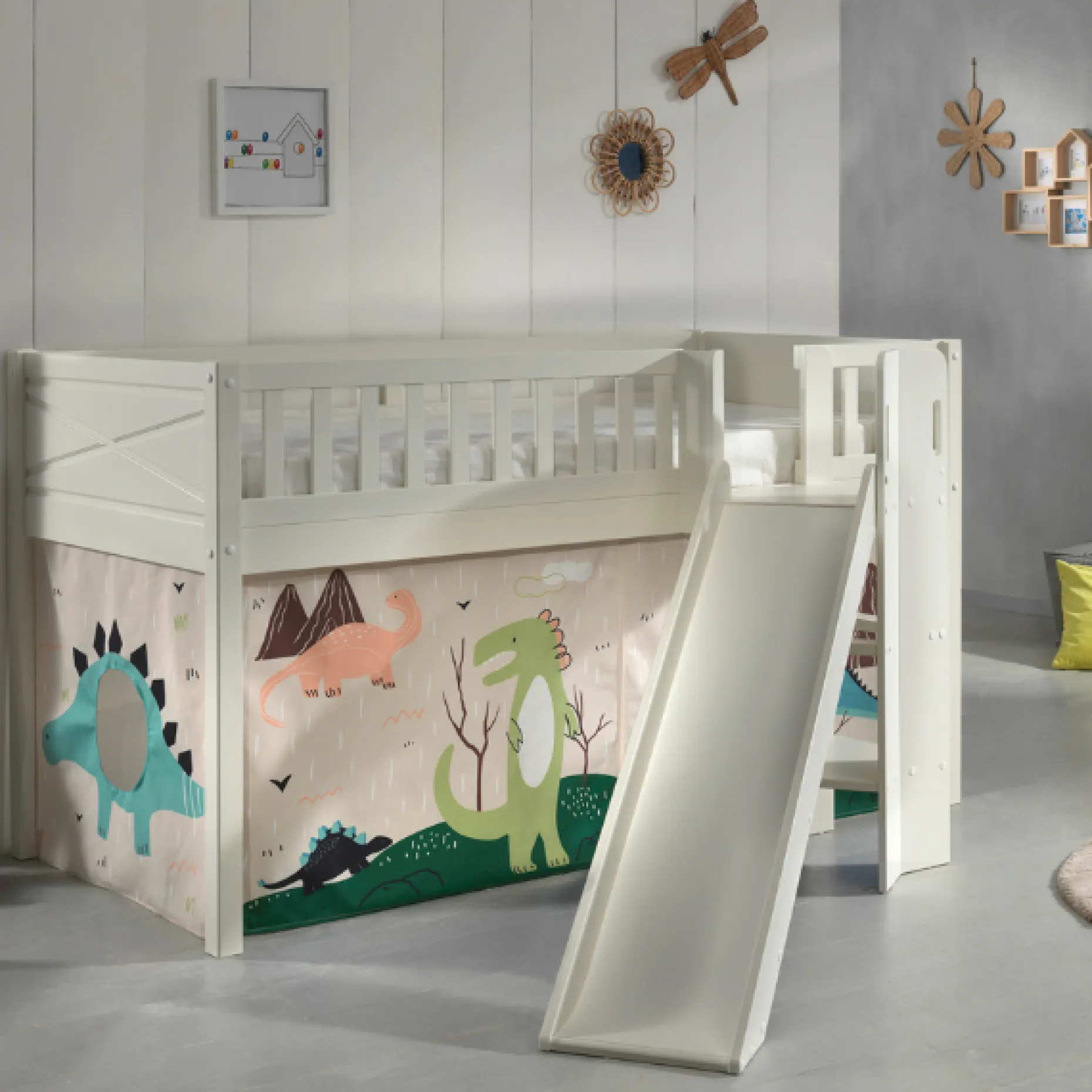 Halbhochbett Scottie 90x200 cm mit Rutsche und Dino-Spielvorhang-weiß