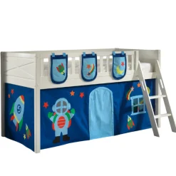 Halbhochbett Scottie 90x200 cm mit Astronauten-Spielvorhang und 3 Aufbewahrungstaschen-weiß