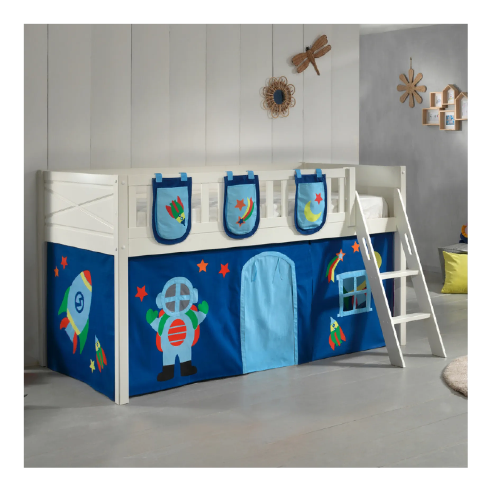Halbhochbett Scottie 90x200 cm mit Astronauten-Spielvorhang und 3 Aufbewahrungstaschen-weiß
