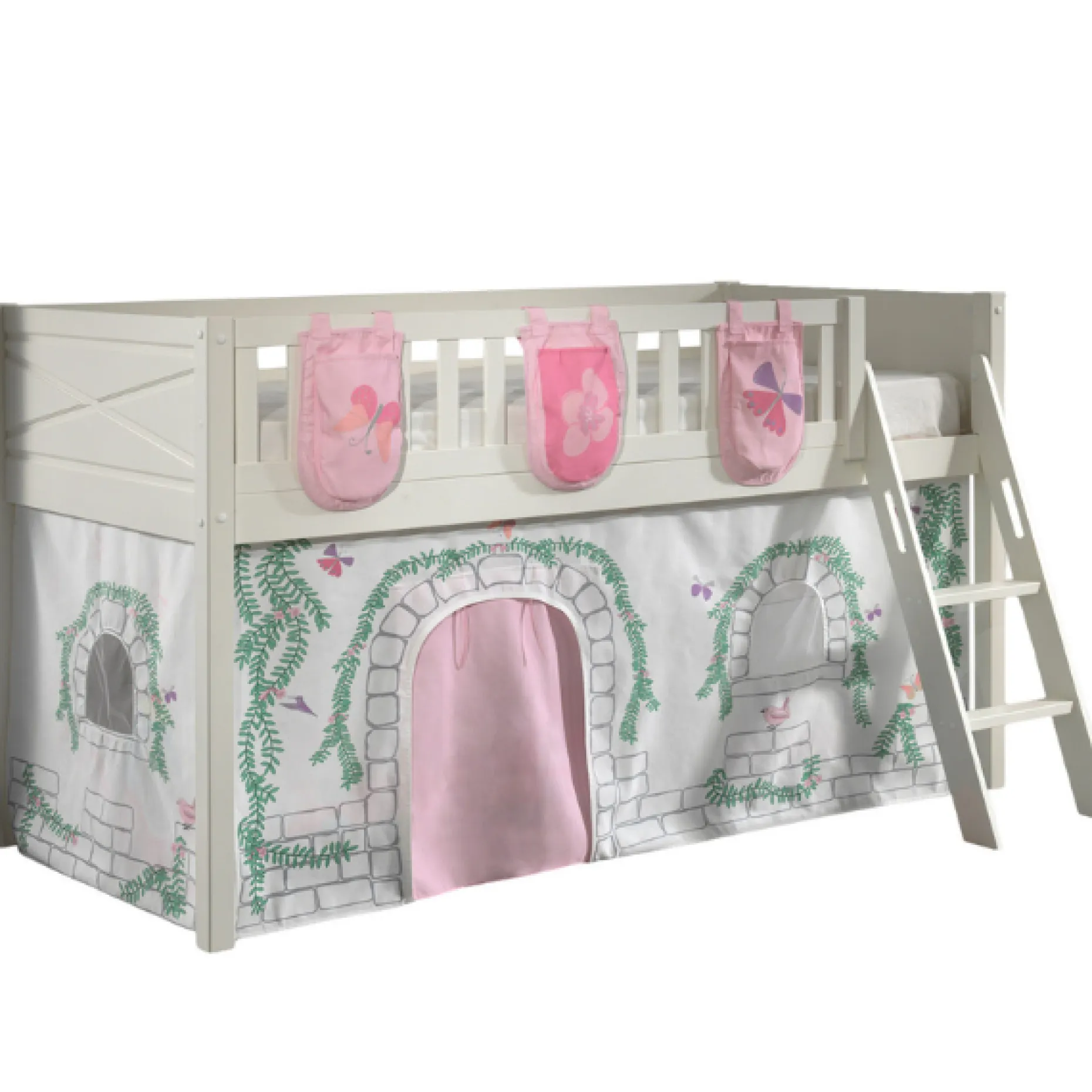 Halbhochbett Scottie 90x200 cm mit birdy Spielvorhang und 3 Aufbewahrungstaschen-weiß