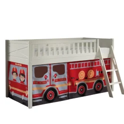 Halbhochbett Scottie 90x200 cm mit Feuerwehrauto Spielvorhang-weiß