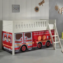 Halbhochbett Scottie 90x200 cm mit Feuerwehrauto Spielvorhang-weiß