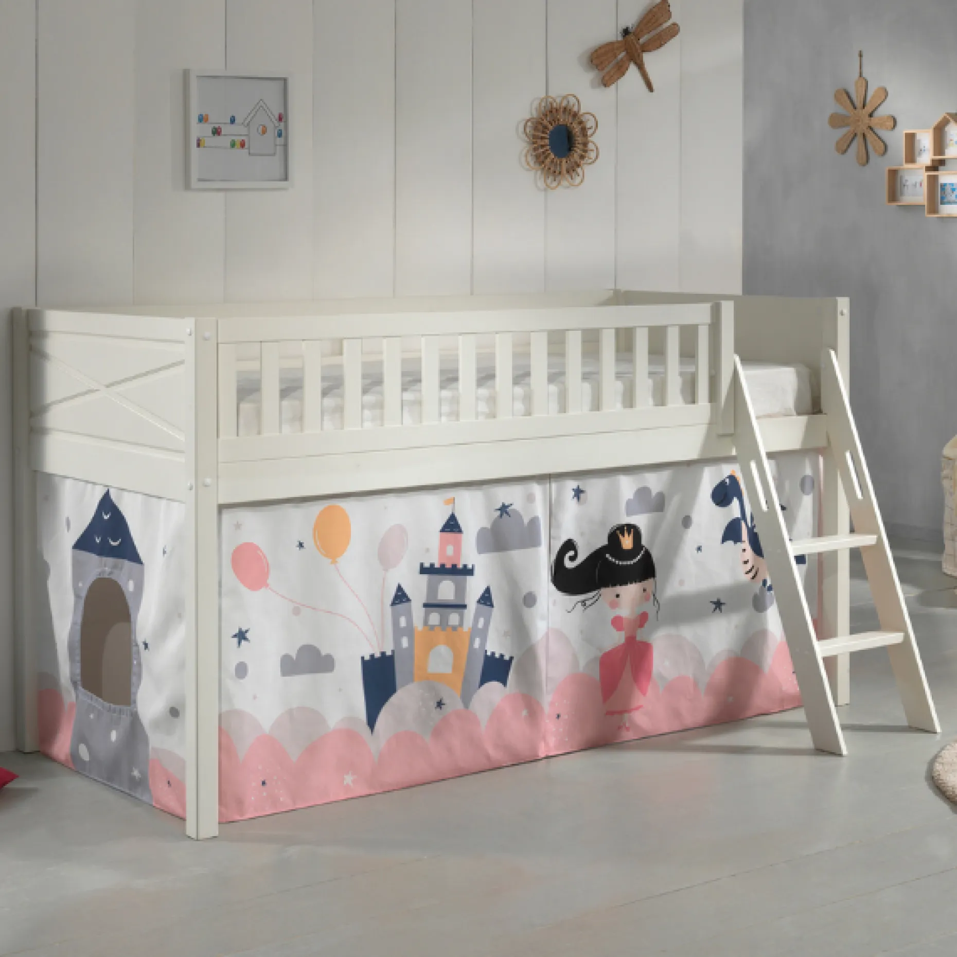 Halbhochbett Scottie 90x200 cm mit Princess Sophie Spielvorhang-weiß