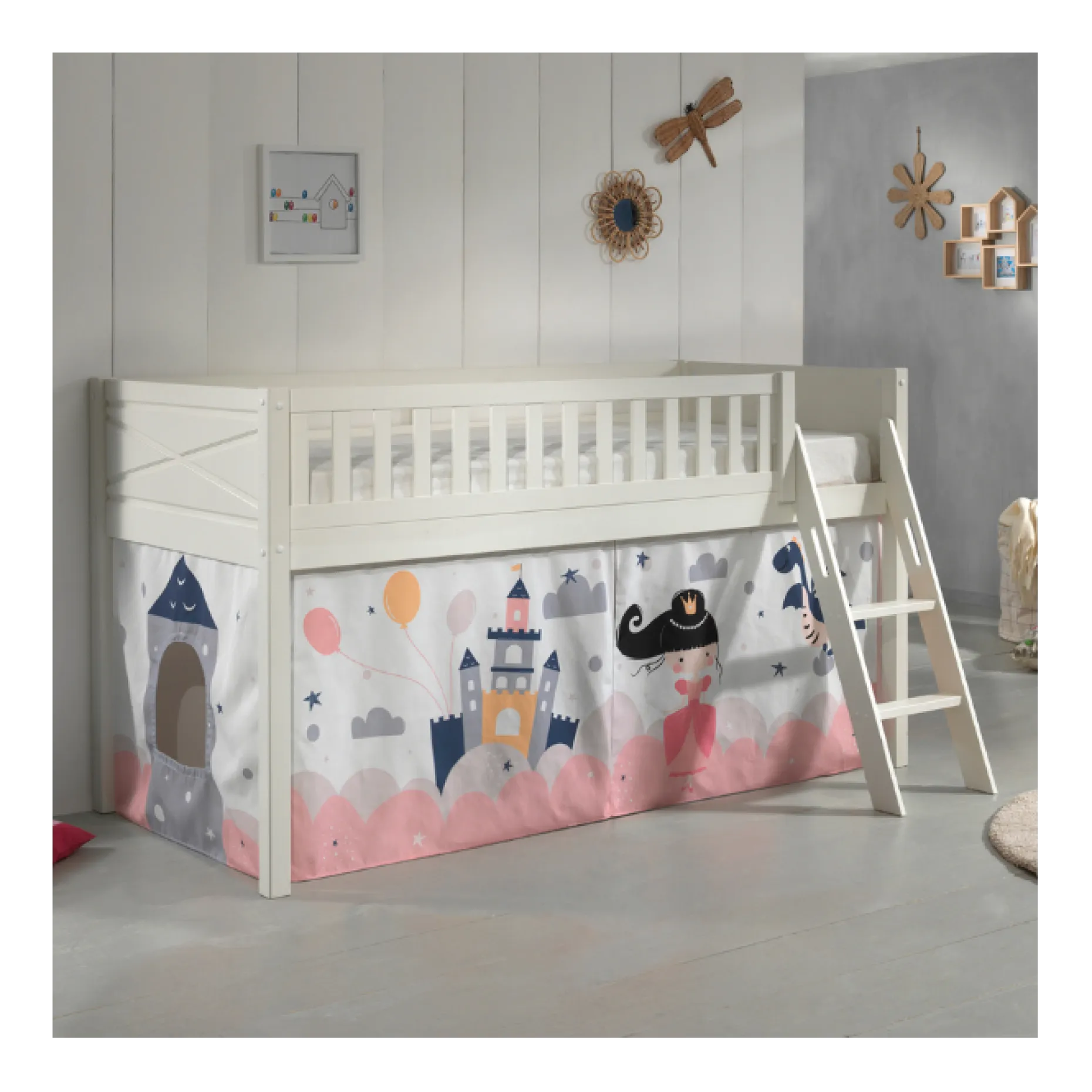 Halbhochbett Scottie 90x200 cm mit Princess Sophie Spielvorhang-weiß