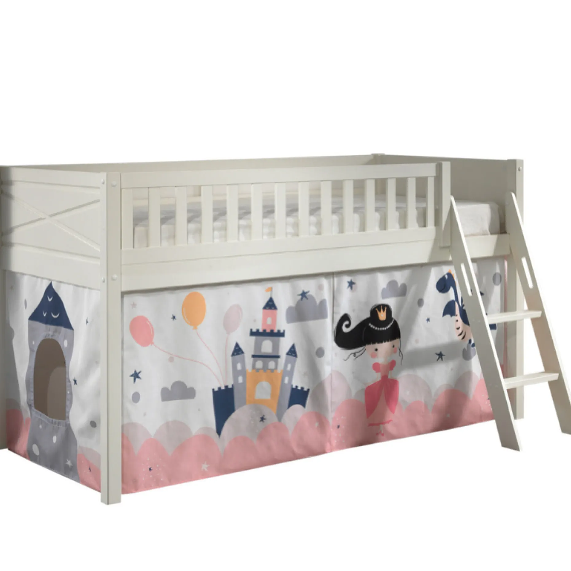 Halbhochbett Scottie 90x200 cm mit Princess Sophie Spielvorhang-weiß