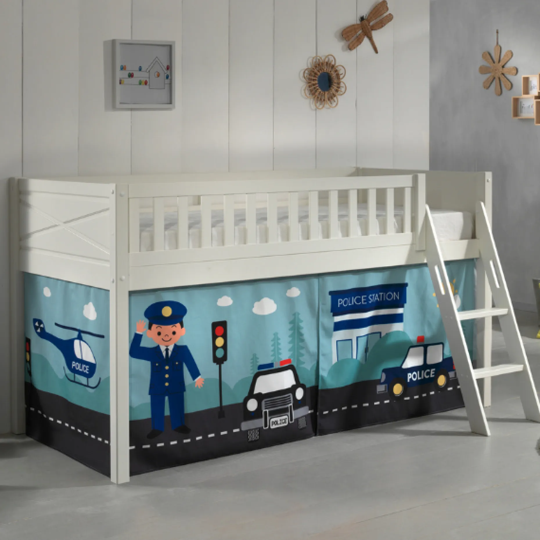 Halbhochbett Scottie 90x200 cm mit Polizei-Spielvorhang-weiß