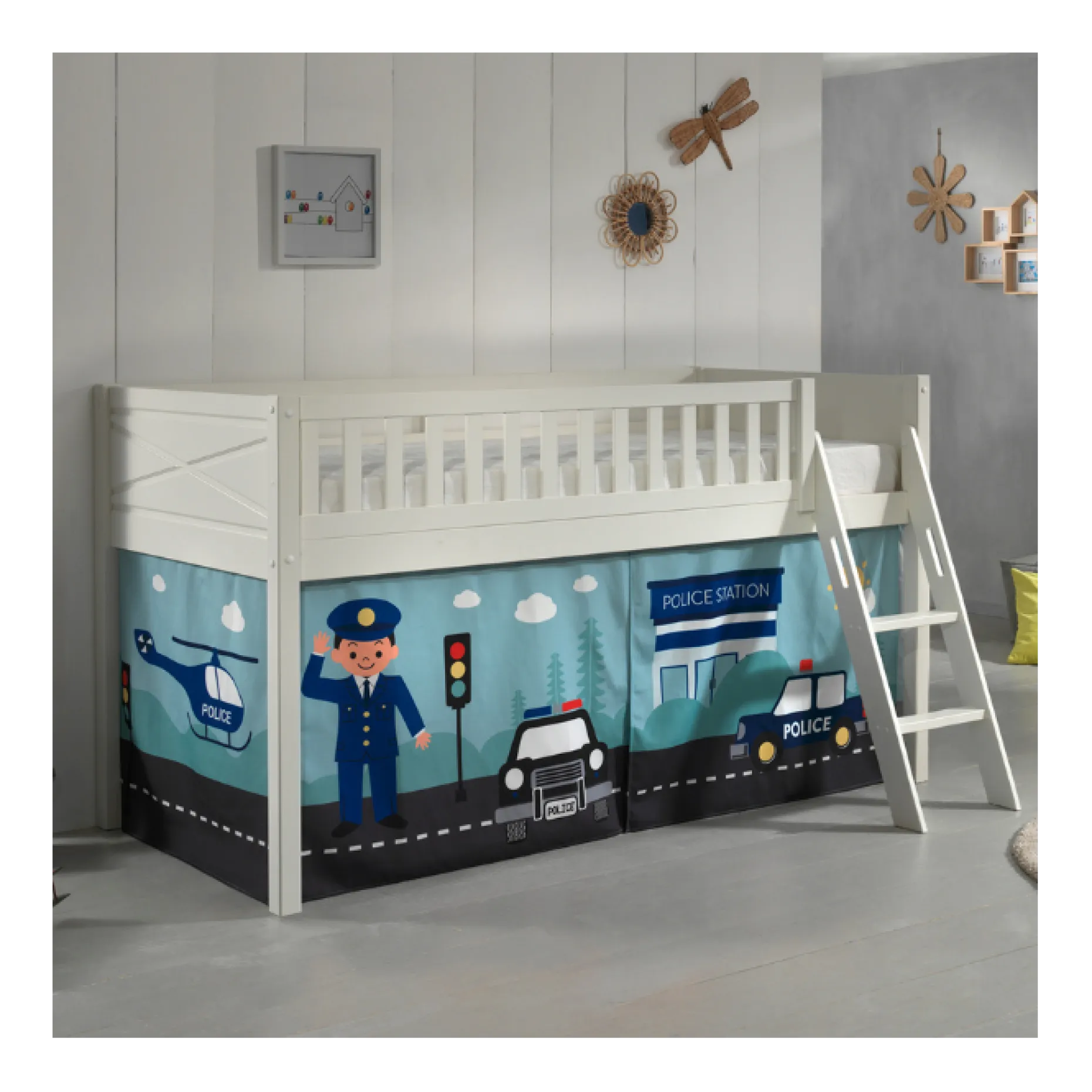 Halbhochbett Scottie 90x200 cm mit Polizei-Spielvorhang-weiß