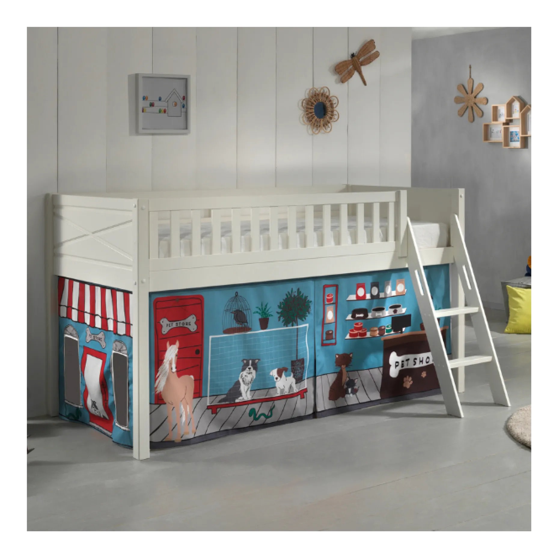 Halbhochbett Scottie 90x200 cm mit Pet Shop Spielvorhang-weiß