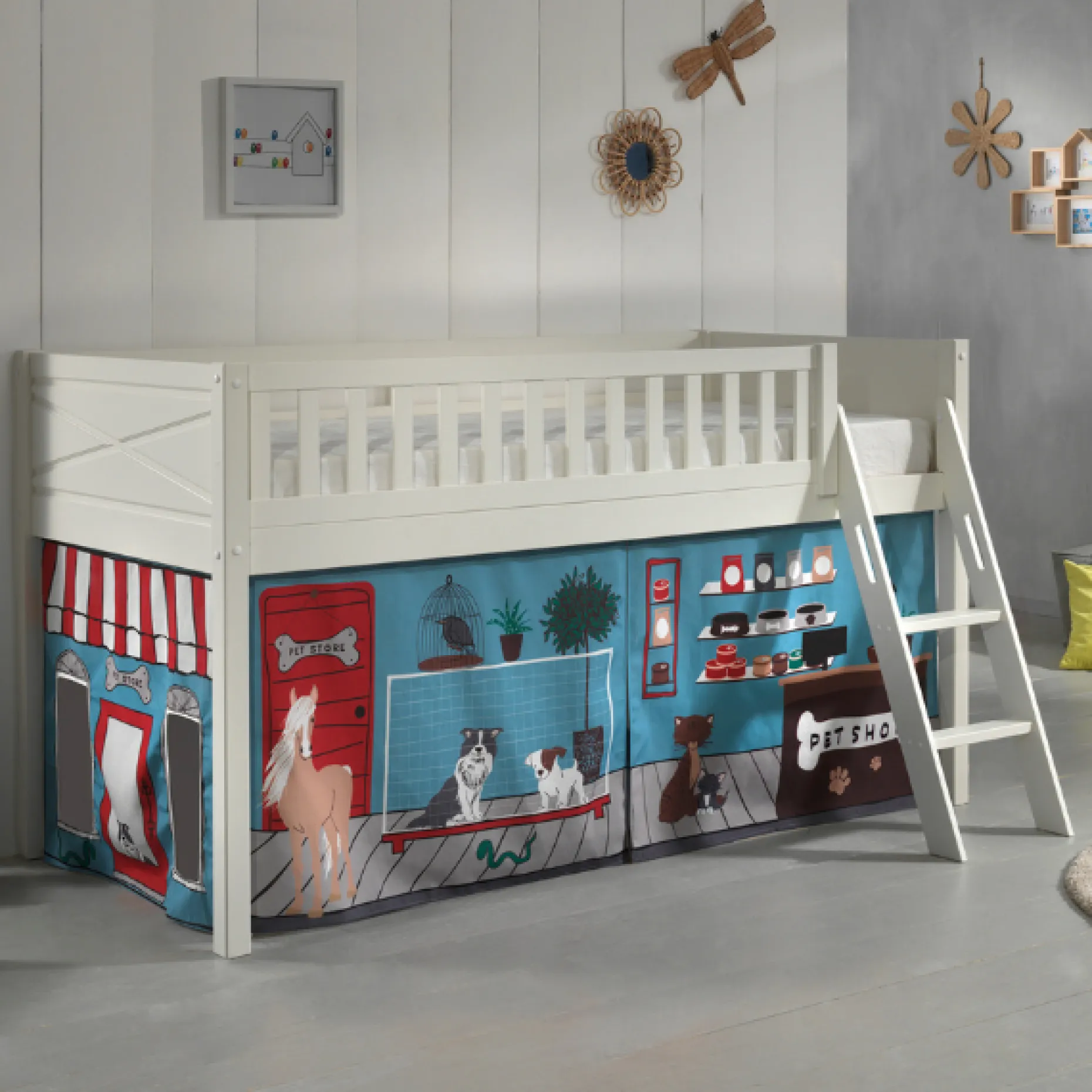Halbhochbett Scottie 90x200 cm mit Pet Shop Spielvorhang-weiß