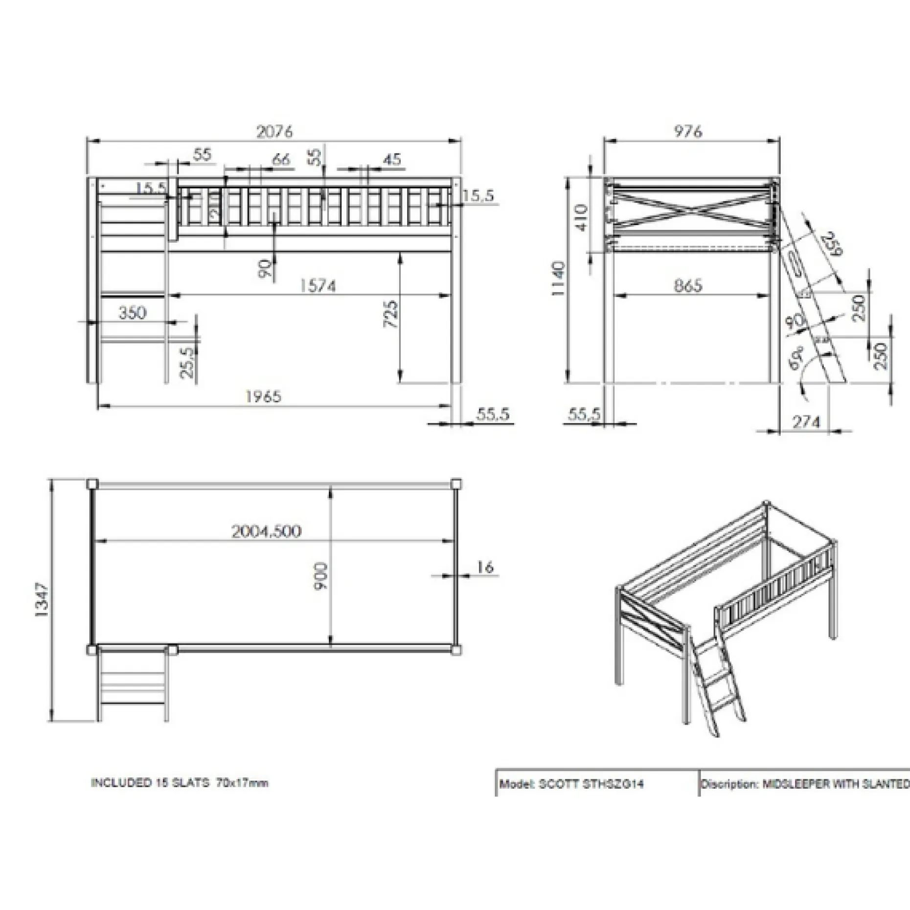 Halbhochbett Scottie 90x200 cm mit Dino-Spielvorhang-weiß