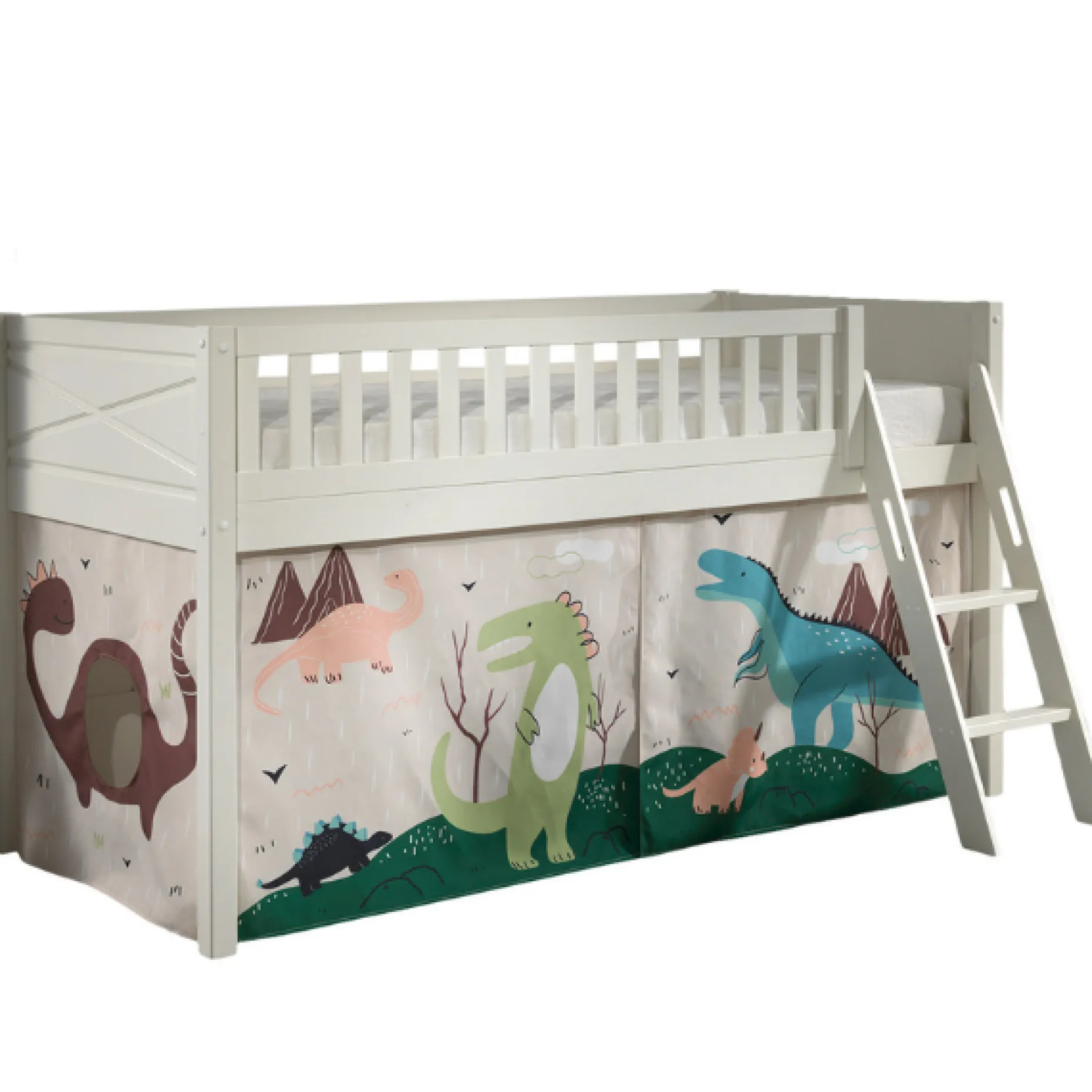Halbhochbett Scottie 90x200 cm mit Dino-Spielvorhang-weiß