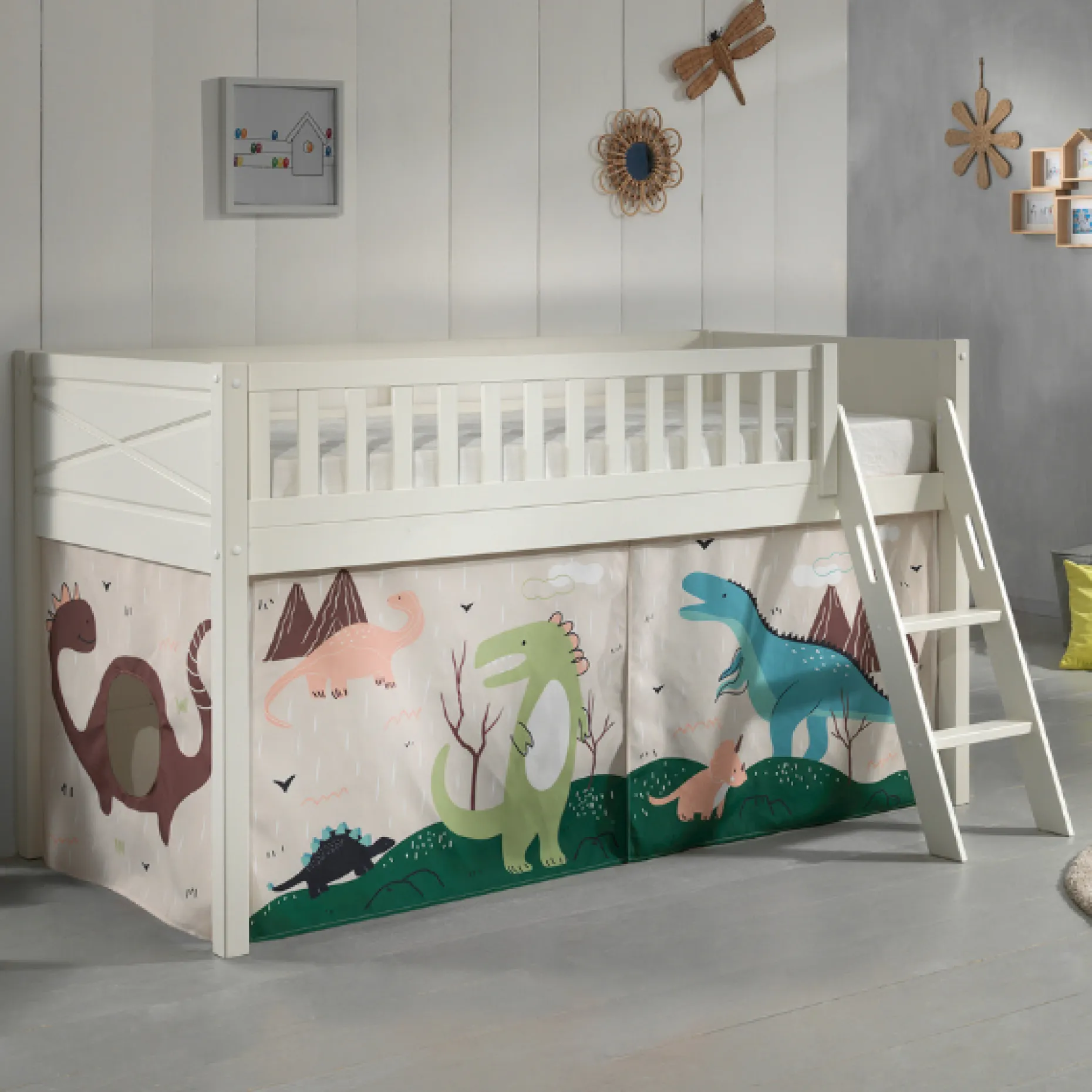 Halbhochbett Scottie 90x200 cm mit Dino-Spielvorhang-weiß