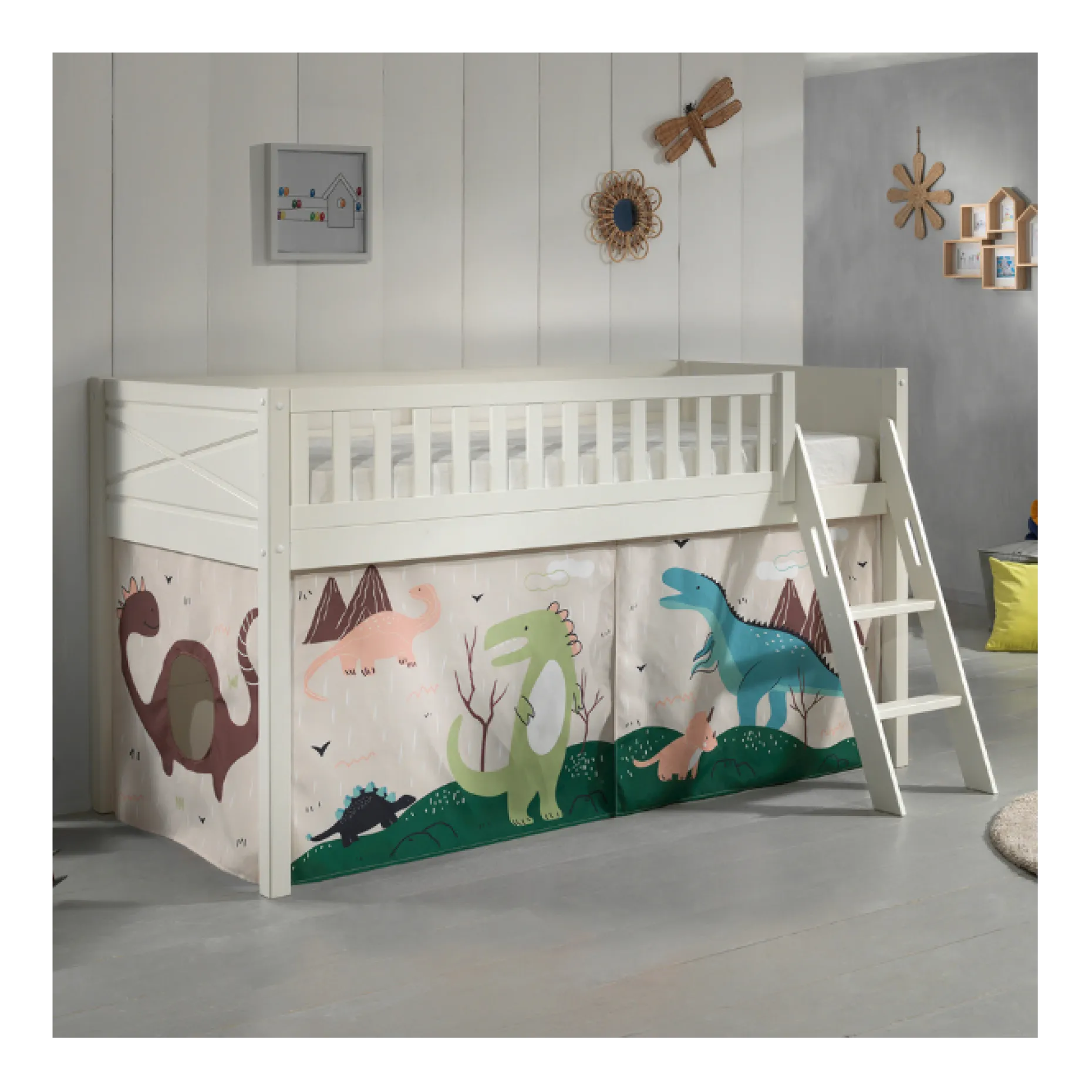 Halbhochbett Scottie 90x200 cm mit Dino-Spielvorhang-weiß