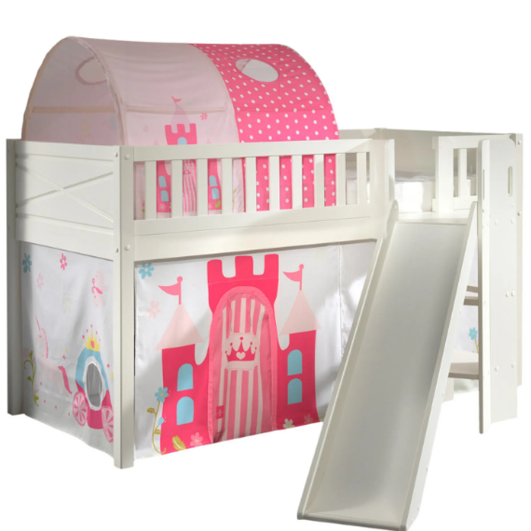 Halbhochbett Scottie 90x200 cm mit Prinzessinnenspielvorhang und Betttunnel-weiß