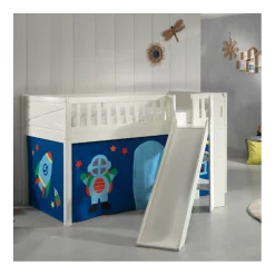 Halbhochbett Scottie 90x200 cm mit Rutsche und Astronautenspielvorhang-weiß