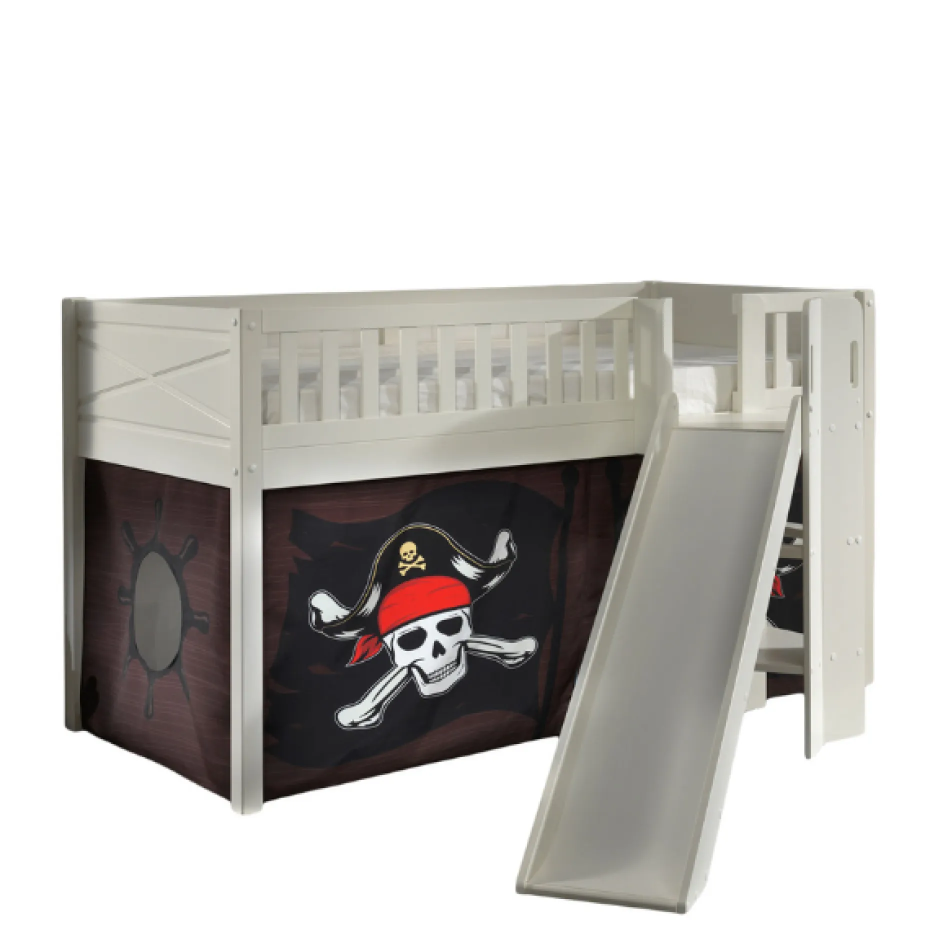 Halbhochbett Scottie 90x200 cm mit Rutsche und Piratenspielvorhang-weiß
