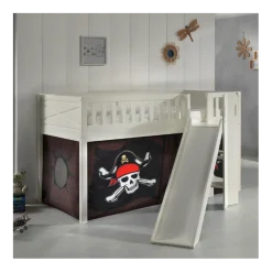 Halbhochbett Scottie 90x200 cm mit Rutsche und Piratenspielvorhang-weiß