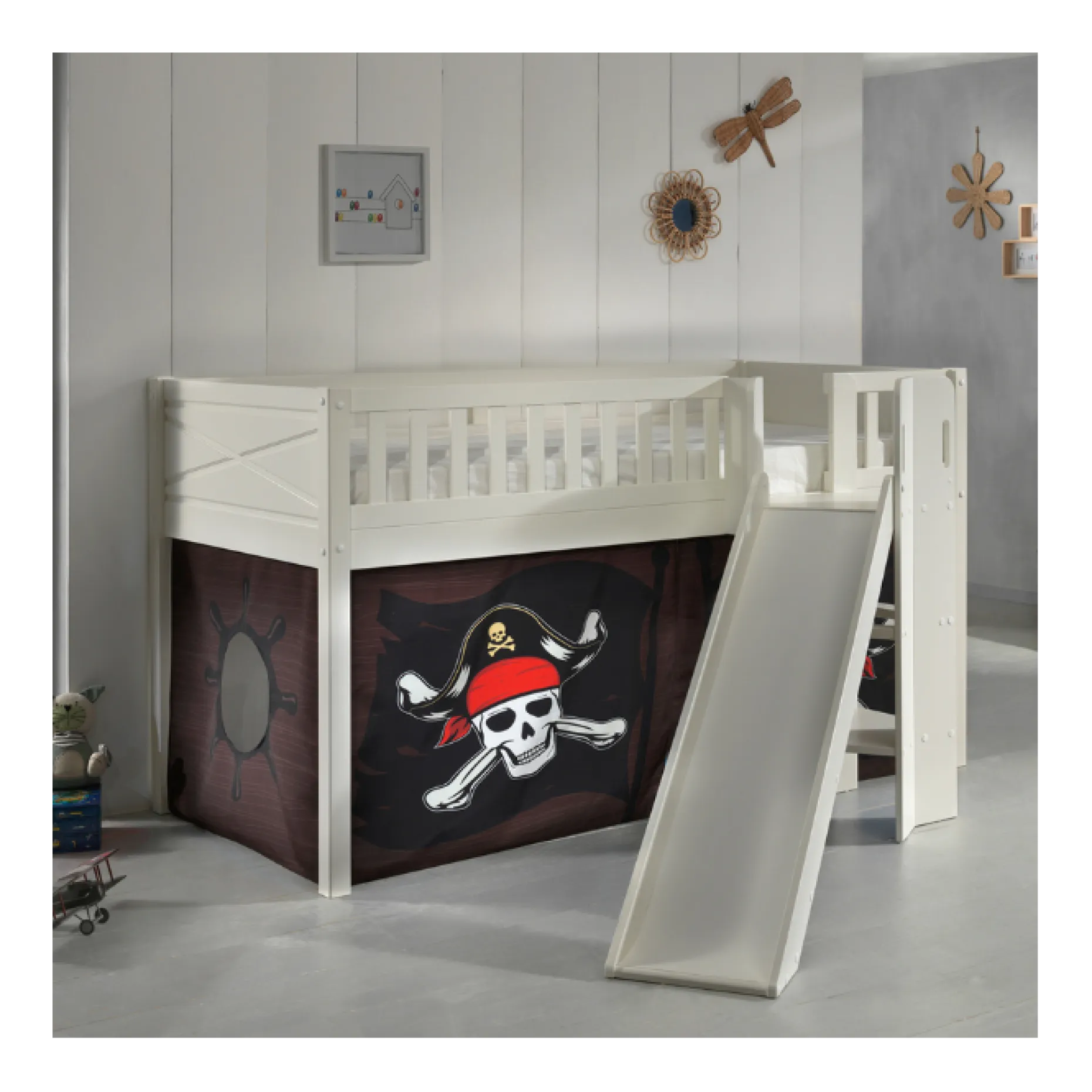 Halbhochbett Scottie 90x200 cm mit Rutsche und Piratenspielvorhang-weiß