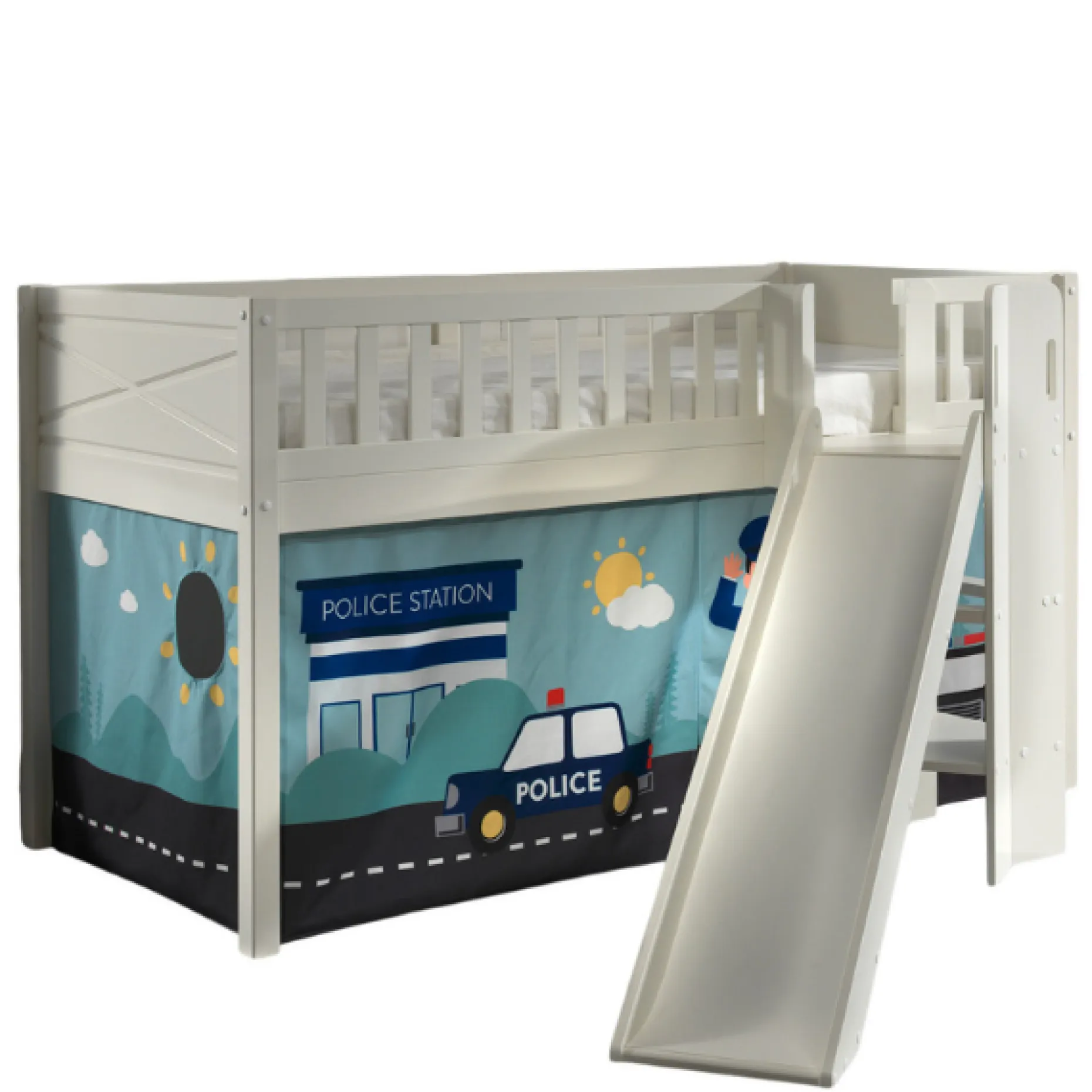 Halbhochbett Scottie 90x200 cm mit Rutsche und Polizeispielvorhang-weiß
