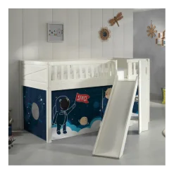 Halbhochbett Scottie 90x200 cm mit Rutsche und Raumschiff-Spielvorhang-weiß