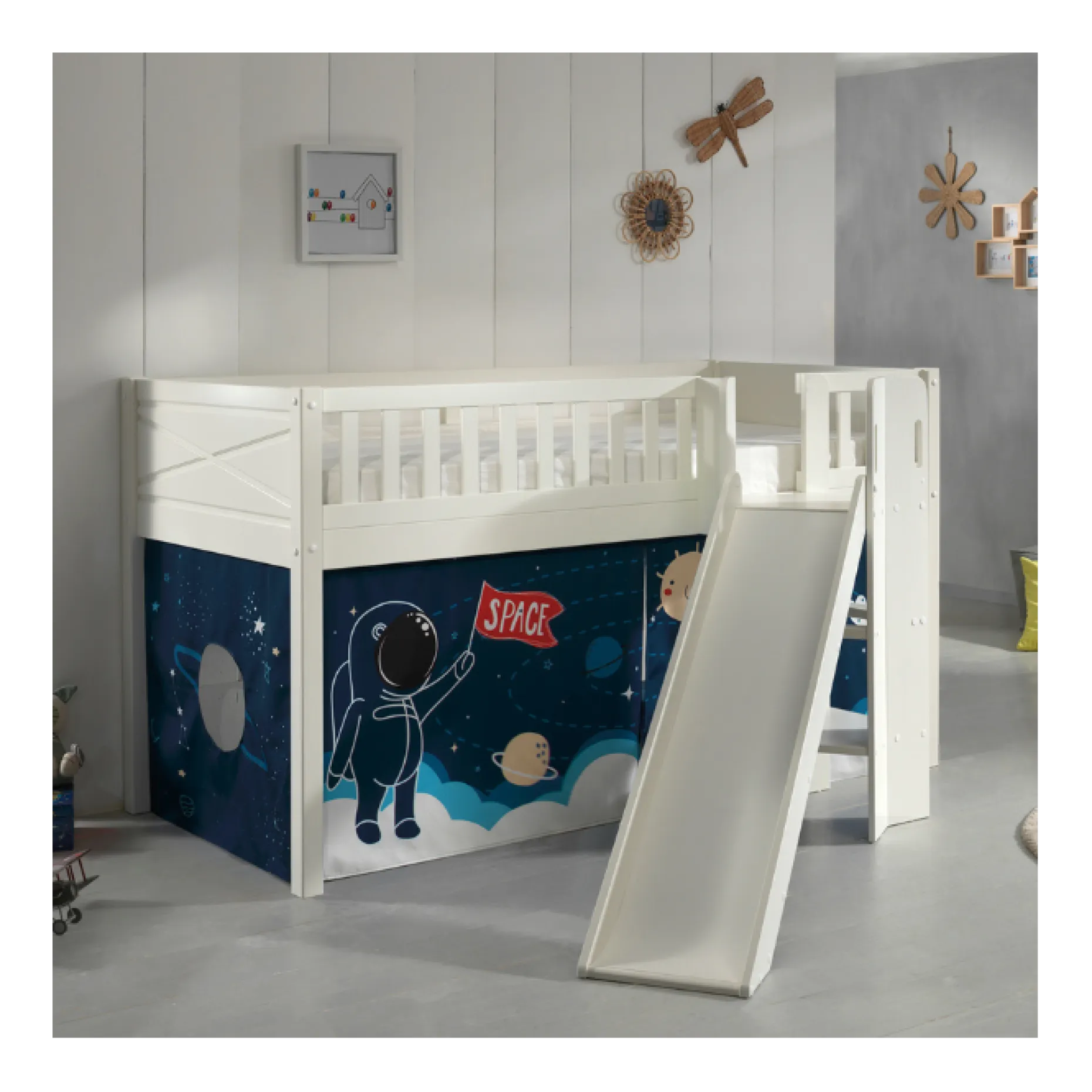 Halbhochbett Scottie 90x200 cm mit Rutsche und Raumschiff-Spielvorhang-weiß