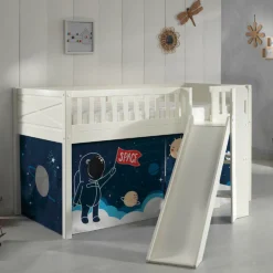 Halbhochbett Scottie 90x200 cm mit Rutsche und Raumschiff-Spielvorhang-weiß