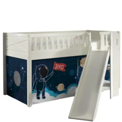 Halbhochbett Scottie 90x200 cm mit Rutsche und Raumschiff-Spielvorhang-weiß