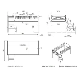 Halbhochbett Scottie 90x200 cm mit Federspielvorhang, 3 Aufbewahrungstaschen und Betttunnel-weiß
