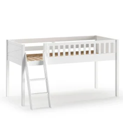 Halbhochbett Scottie 90x200 cm mit Federspielvorhang, 3 Aufbewahrungstaschen und Betttunnel-weiß