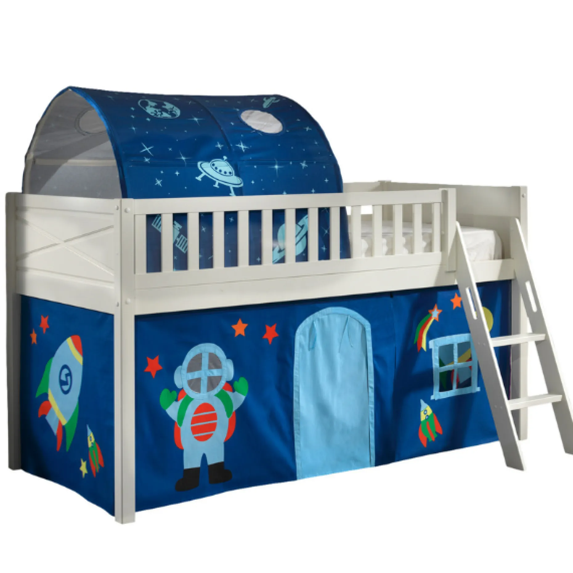 Halbhochbett Scottie 90x200 cm mit Astronautenspielvorhang und Betttunnel-weiß