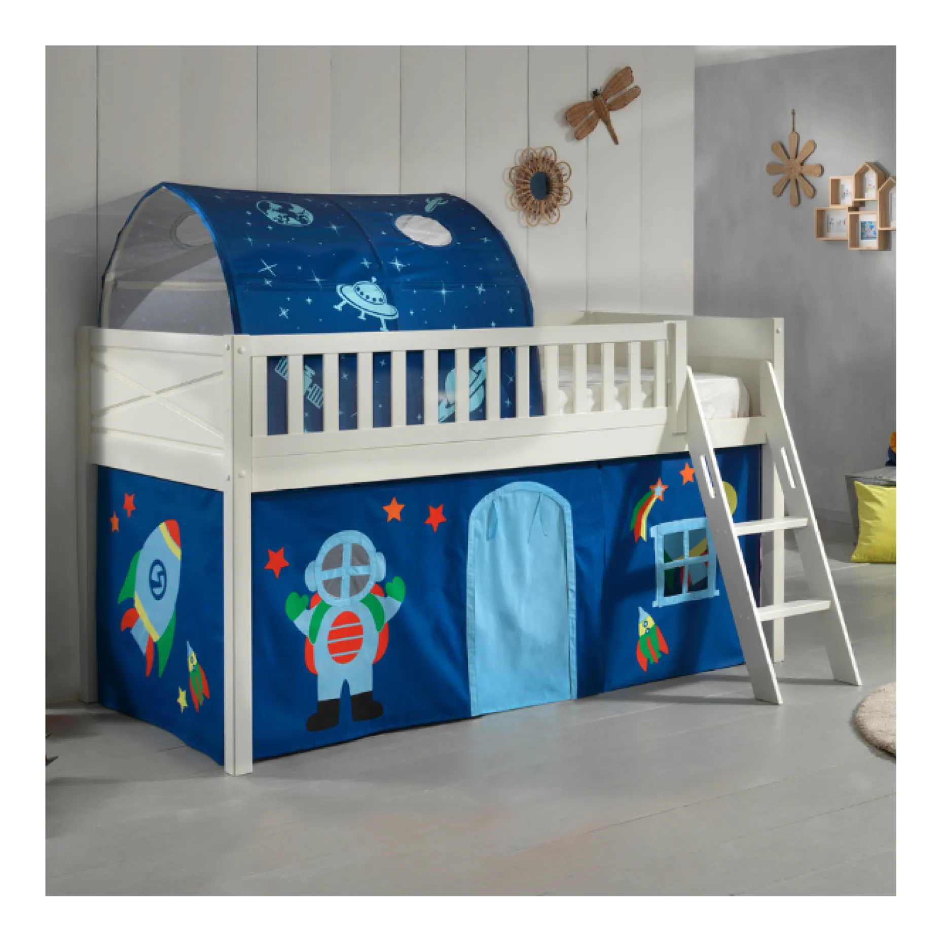 Halbhochbett Scottie 90x200 cm mit Astronautenspielvorhang und Betttunnel-weiß