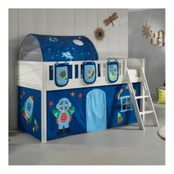 Halbhochbett Scottie 90x200 cm mit Astronautenspielvorhang, 3 Aufbewahrungstaschen und Betttunnel-weiß