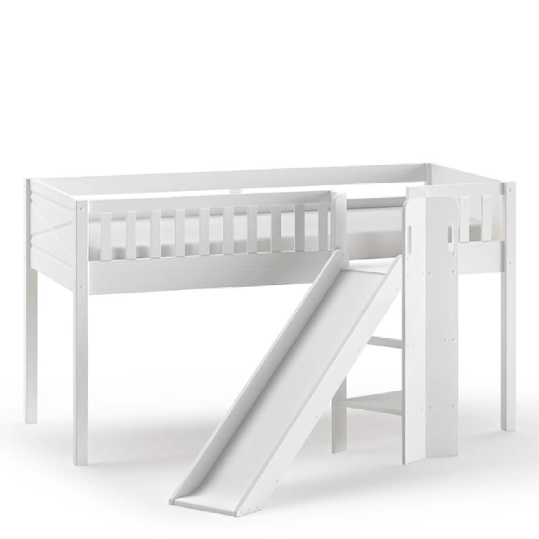 Halbhochbett Scottie 90x200 cm mit Rutsche, Astronautenspielvorhang und Betttunnel-weiß