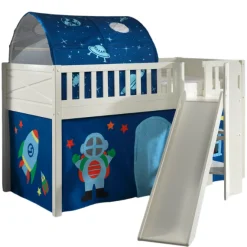Halbhochbett Scottie 90x200 cm mit Rutsche, Astronautenspielvorhang und Betttunnel-weiß