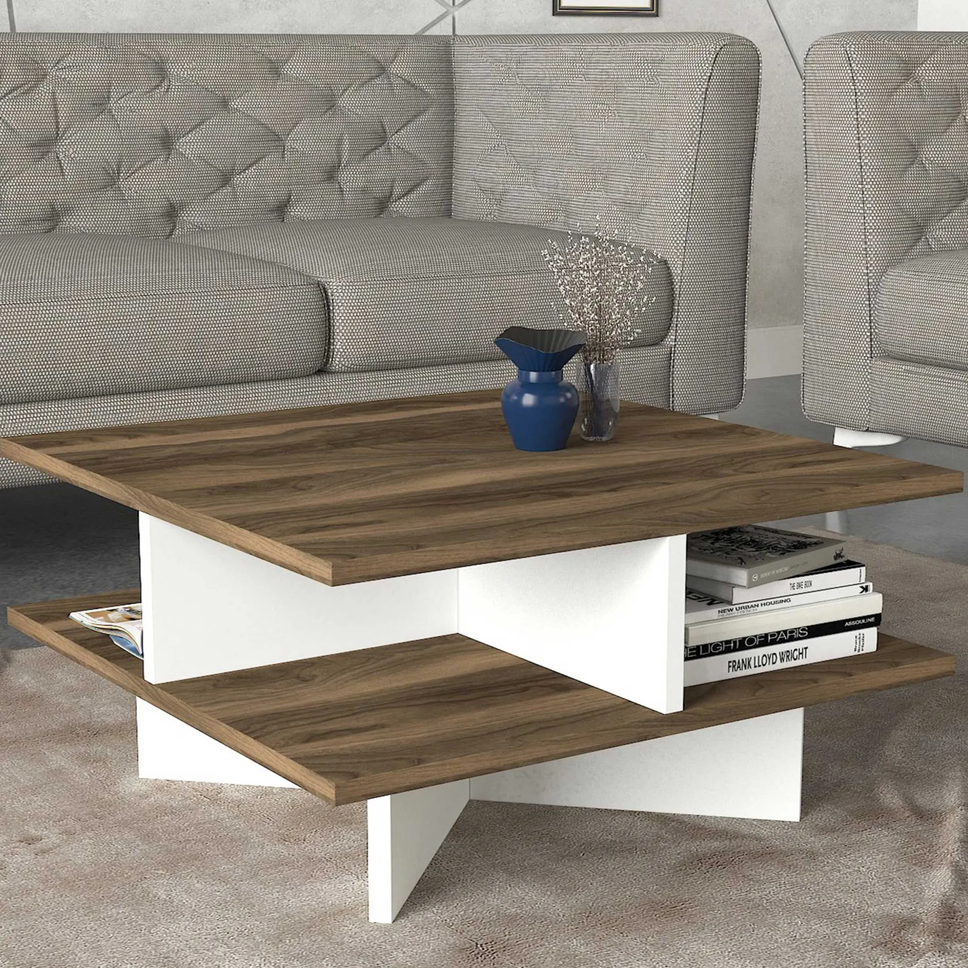Emob Hamton Couchtisch | 100 % MELAMIN | Walnuss, Weiß