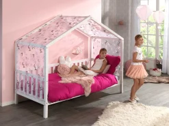 Hausbett Dallas 2 90x200 mit Bettkasten und Voile mit Schmetterlingsmuster - weiß/rosa