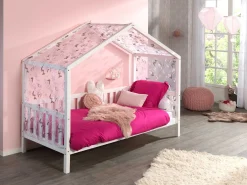 Hausbett Dallas 2 90x200 mit Bettkasten und Voile mit Schmetterlingsmuster - weiß/rosa