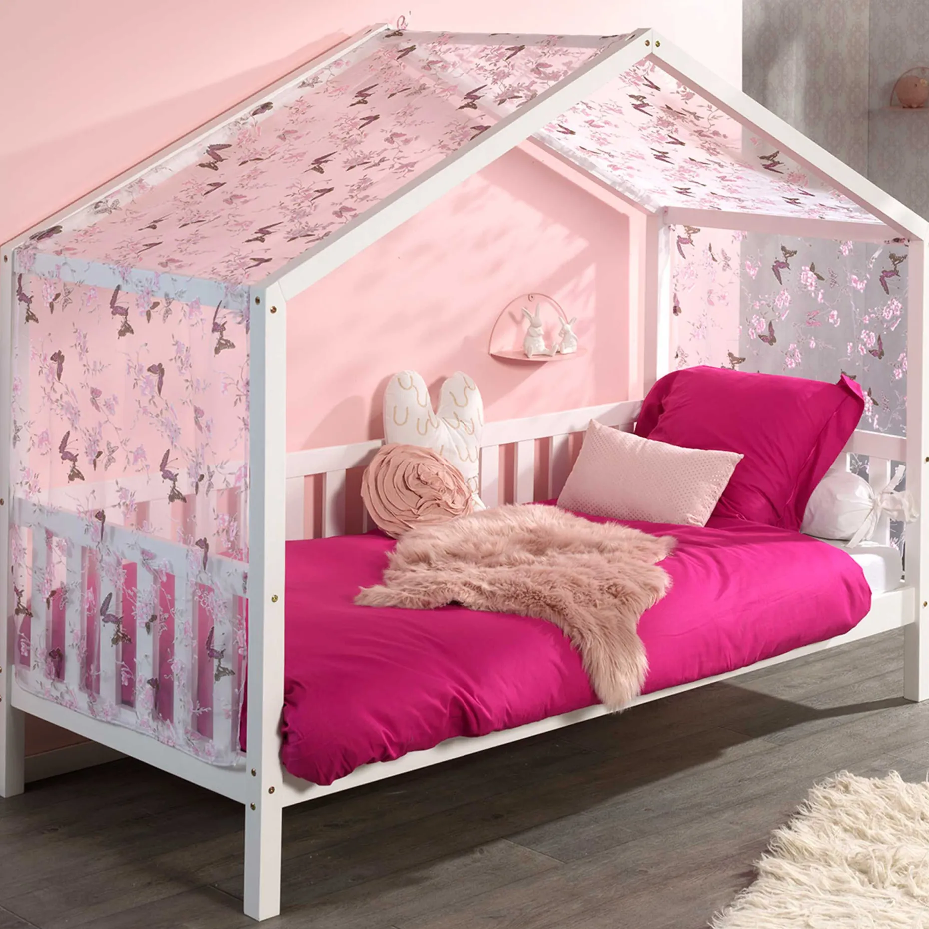 Hausbett Dallas 2 90x200 mit Bettkasten und Voile mit Schmetterlingsmuster - weiß/rosa