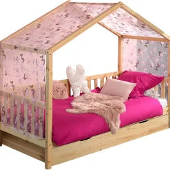 Hausbett Dallas 2 90x200 mit Bettkasten und Voile mit Schmetterlingsmuster - Kieferholz/rosa